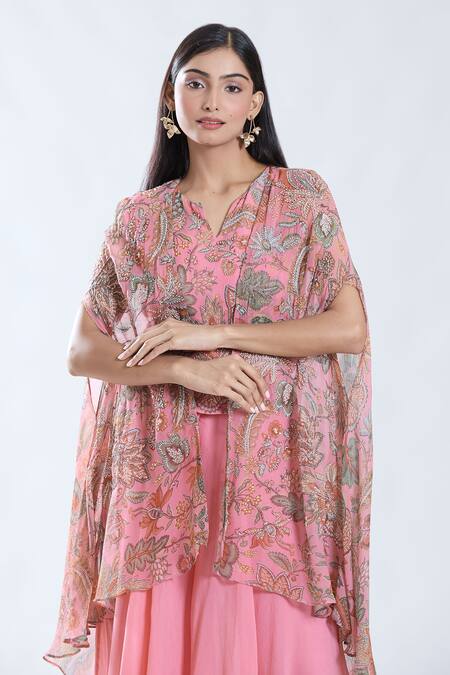 Shop_Preeti Jhawar_Pink Chiffon, Cotton Embroidery Gullista Print And Cape Sharara Set _Online_at_Aza_Fashions