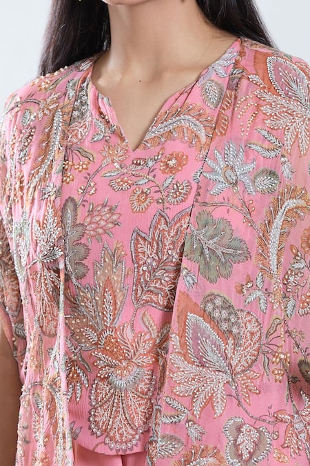 Preeti Jhawar_Pink Chiffon, Cotton Embroidery Gullista Print And Cape Sharara Set _at_Aza_Fashions