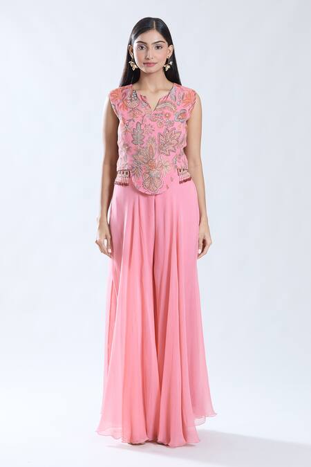 Buy_Preeti Jhawar_Pink Chiffon, Cotton Embroidery Gullista Print And Cape Sharara Set 