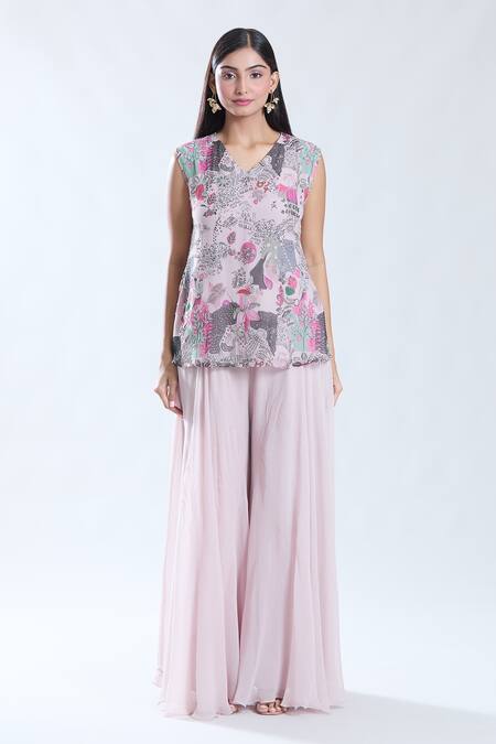 Preeti Jhawar_Pink Chiffon, Cotton, Silk Embroidery Garden Print And Cape Sharara Set _Online_at_Aza_Fashions