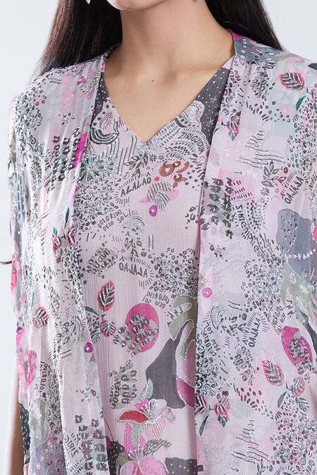 Buy_Preeti Jhawar_Pink Chiffon, Cotton, Silk Embroidery Garden Print And Cape Sharara Set _Online_at_Aza_Fashions