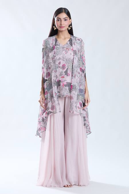 Preeti Jhawar_Pink Chiffon, Cotton, Silk Embroidery Garden Print And Cape Sharara Set _at_Aza_Fashions