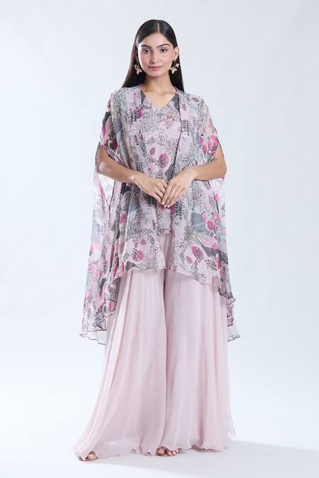 Buy_Preeti Jhawar_Pink Chiffon, Cotton, Silk Embroidery Garden Print And Cape Sharara Set 
