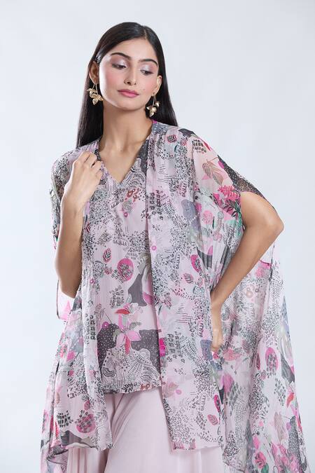 Shop_Preeti Jhawar_Pink Chiffon, Cotton, Silk Embroidery Garden Print And Cape Sharara Set 