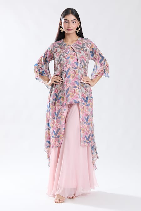 Preeti Jhawar Pink Chiffon Lining Cotton Silk Print And Embroidered Jacket Sharara Set 