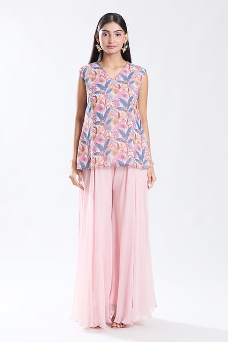 Preeti Jhawar_Pink Chiffon, Cotton, Silk Embroidery Wonderland Print And Jacket Sharara Set _Online_at_Aza_Fashions