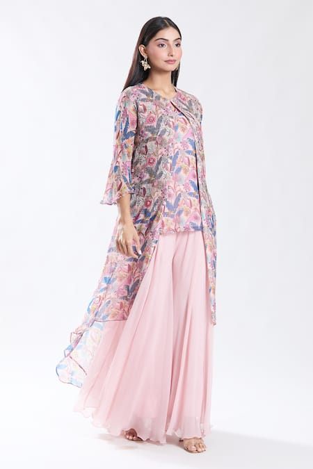 Shop_Preeti Jhawar_Pink Chiffon, Cotton, Silk Embroidery Wonderland Print And Jacket Sharara Set _Online_at_Aza_Fashions