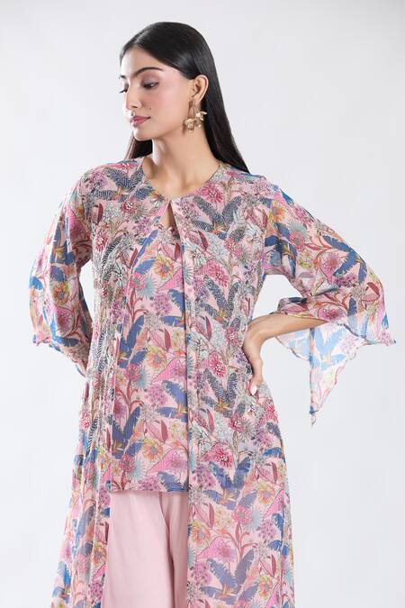 Preeti Jhawar_Pink Chiffon, Cotton, Silk Embroidery Wonderland Print And Jacket Sharara Set _at_Aza_Fashions