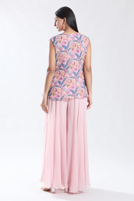Shop_Preeti Jhawar_Pink Chiffon, Cotton, Silk Embroidery Wonderland Print And Jacket Sharara Set 