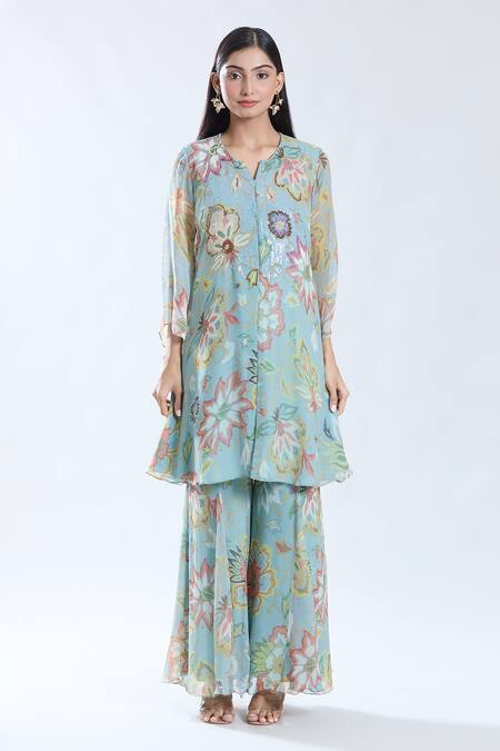 Preeti Jhawar_Blue Chiffon, , Silk, Satin Phool Print And Yoke Kurta With Sharara _Online_at_Aza_Fashions