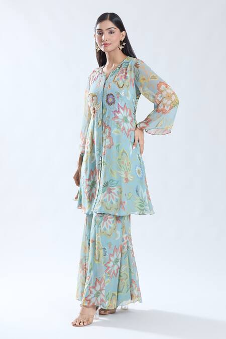 Buy_Preeti Jhawar_Blue Chiffon, , Silk, Satin Phool Print And Yoke Kurta With Sharara _Online_at_Aza_Fashions