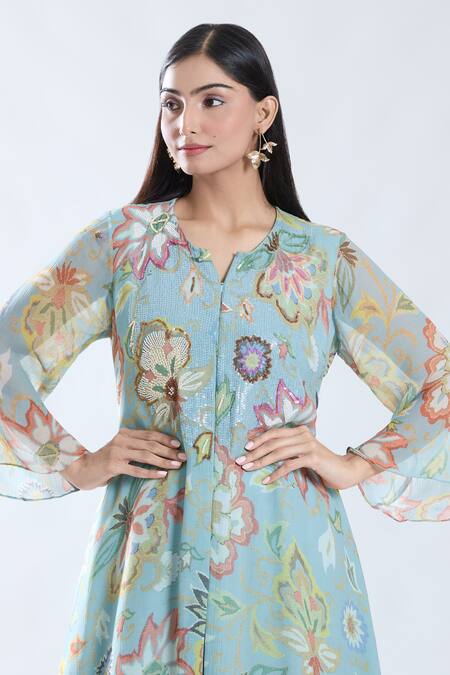 Shop_Preeti Jhawar_Blue Chiffon, , Silk, Satin Phool Print And Yoke Kurta With Sharara _Online_at_Aza_Fashions
