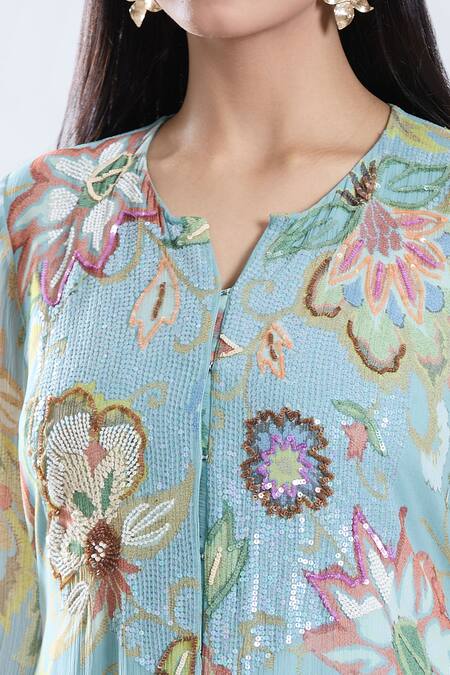 Preeti Jhawar_Blue Chiffon, , Silk, Satin Phool Print And Yoke Kurta With Sharara _at_Aza_Fashions