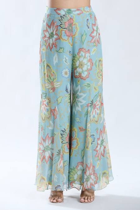 Buy_Preeti Jhawar_Blue Chiffon, , Silk, Satin Phool Print And Yoke Kurta With Sharara 