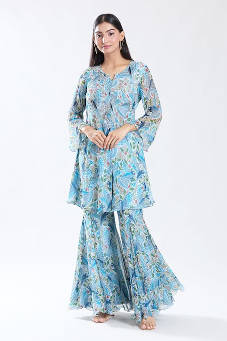 Preeti Jhawar Blue Chiffon Lining Cotton Silk Print Macaw Embroidered Kurta With Sharara 