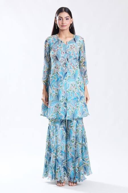 Preeti Jhawar_Blue Chiffon, Cotton, Silk Embroidery Round Neck Macaw Troop Kurta With Sharara _Online_at_Aza_Fashions