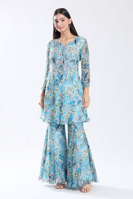 Buy_Preeti Jhawar_Blue Chiffon, Cotton, Silk Embroidery Round Neck Macaw Troop Kurta With Sharara _Online_at_Aza_Fashions