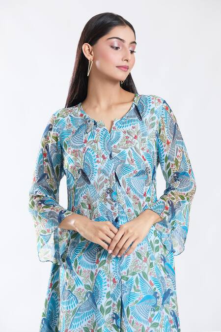 Shop_Preeti Jhawar_Blue Chiffon, Cotton, Silk Embroidery Round Neck Macaw Troop Kurta With Sharara _Online_at_Aza_Fashions