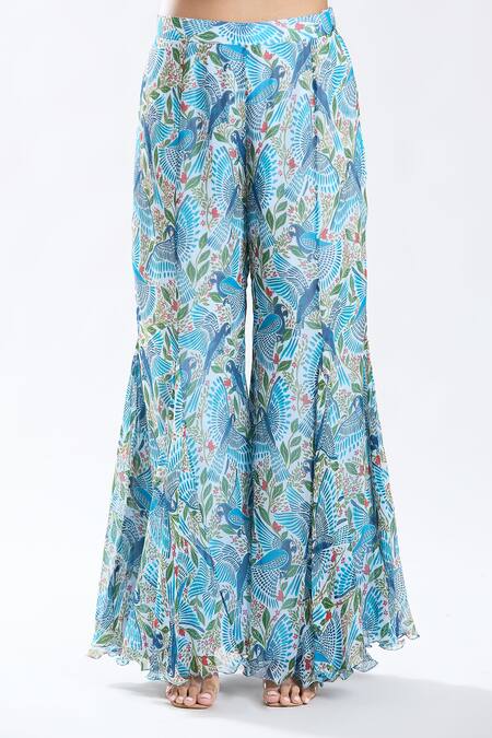 Buy_Preeti Jhawar_Blue Chiffon, Cotton, Silk Embroidery Round Neck Macaw Troop Kurta With Sharara 