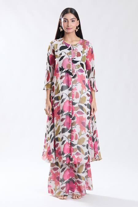 Preeti Jhawar_Off White Chiffon, Cotton, Silk, Pansy Bloom Print And Embroidered Anarkali Set _Online_at_Aza_Fashions