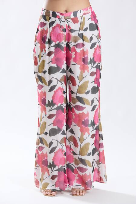 Buy_Preeti Jhawar_Off White Chiffon, Cotton, Silk, Pansy Bloom Print And Embroidered Anarkali Set _Online_at_Aza_Fashions