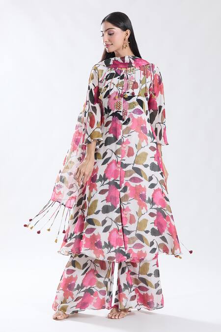 Shop_Preeti Jhawar_Off White Chiffon, Cotton, Silk, Pansy Bloom Print And Embroidered Anarkali Set _Online_at_Aza_Fashions