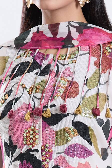 Preeti Jhawar_Off White Chiffon, Cotton, Silk, Pansy Bloom Print And Embroidered Anarkali Set _at_Aza_Fashions