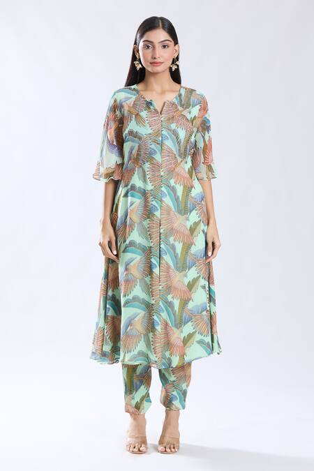 Preeti Jhawar_Green Chiffon, Cotton, Silk Embroidery, Parakeet Troop Print And Anarkali Set _Online_at_Aza_Fashions