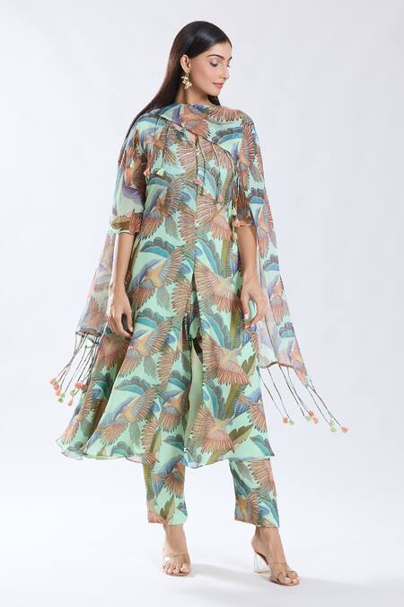 Buy_Preeti Jhawar_Green Chiffon, Cotton, Silk Embroidery, Parakeet Troop Print And Anarkali Set _Online_at_Aza_Fashions