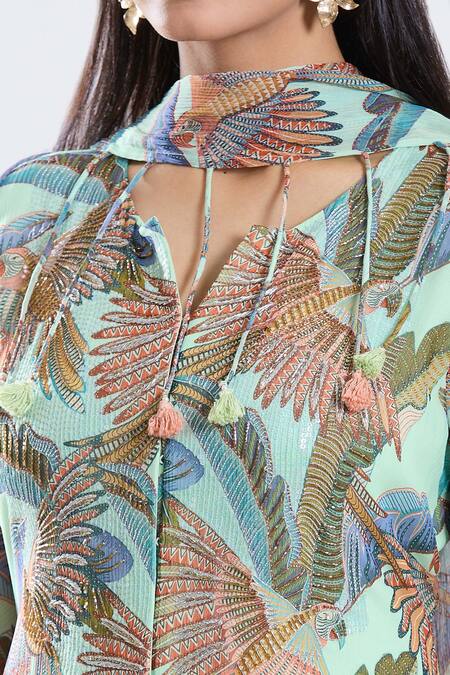 Shop_Preeti Jhawar_Green Chiffon, Cotton, Silk Embroidery, Parakeet Troop Print And Anarkali Set _Online_at_Aza_Fashions