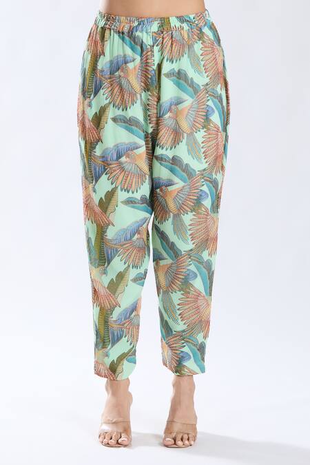 Preeti Jhawar_Green Chiffon, Cotton, Silk Embroidery, Parakeet Troop Print And Anarkali Set _at_Aza_Fashions