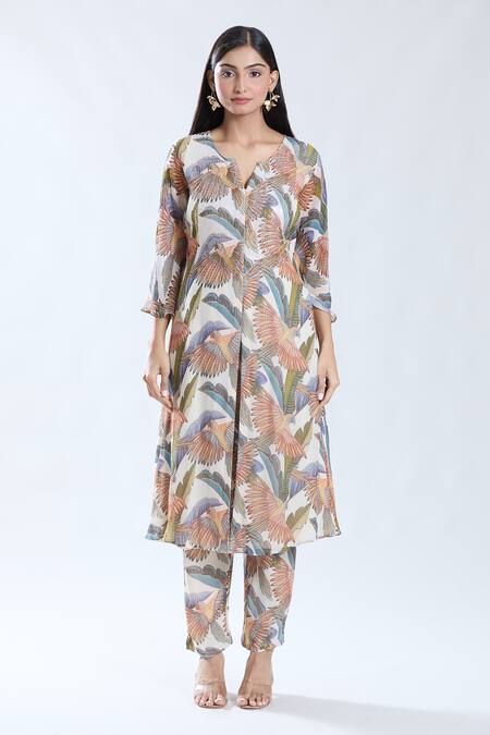 Preeti Jhawar_Off White Chiffon, Cotton, Silk Macaw Park Print And Embroidered Anarkali Set _Online_at_Aza_Fashions
