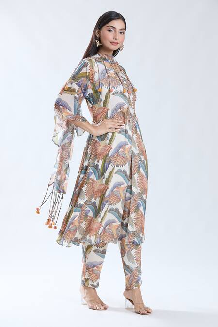 Buy_Preeti Jhawar_Off White Chiffon, Cotton, Silk Macaw Park Print And Embroidered Anarkali Set _Online_at_Aza_Fashions