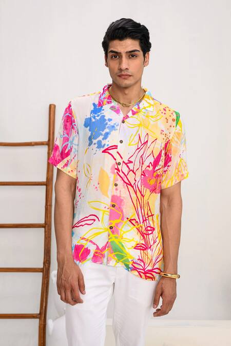 Juhi Bengani_Multi Color Shirt Crepe Printed Floral Splash With Pant_Online_at_Aza_Fashions