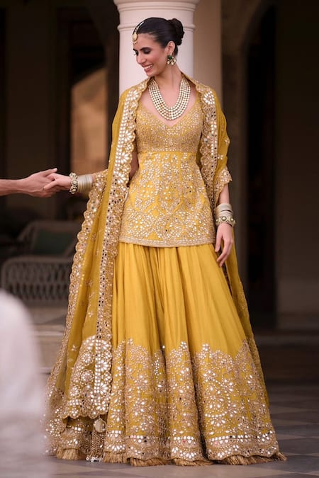 Abhinav Mishra Yellow Lehenga And Kurta Chanderi Embellished Mirror Plunge V Neck Set