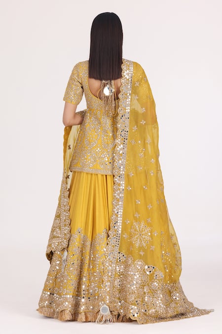 Abhinav Mishra_Yellow Chanderi, Organza Gota Patti, Mirrors, Zari Embellished Lehenga Set _Online_at_Aza_Fashions