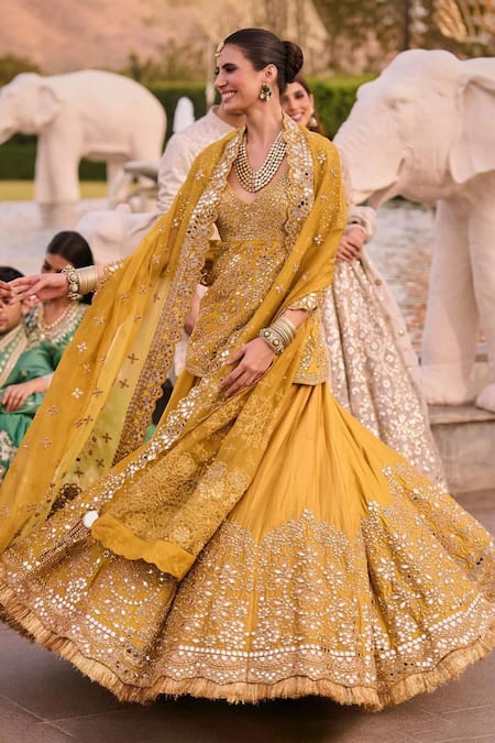 Buy_Abhinav Mishra_Yellow Chanderi, Organza Gota Patti, Mirrors, Zari Embellished Lehenga Set _Online_at_Aza_Fashions