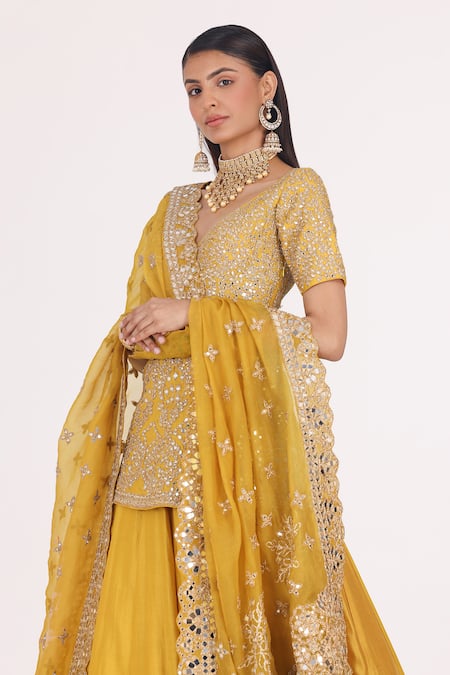 Abhinav Mishra_Yellow Chanderi, Organza Gota Patti, Mirrors, Zari Embellished Lehenga Set _at_Aza_Fashions