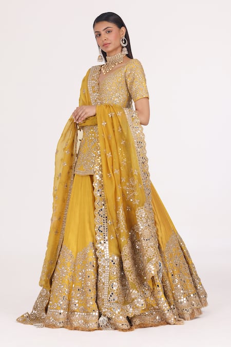 Buy_Abhinav Mishra_Yellow Chanderi, Organza Gota Patti, Mirrors, Zari Embellished Lehenga Set 
