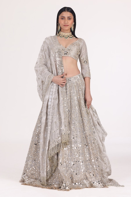 Abhinav Mishra Silver Tissue Embellished Mirror Sweetheart Neck Work Bridal Lehenga Set