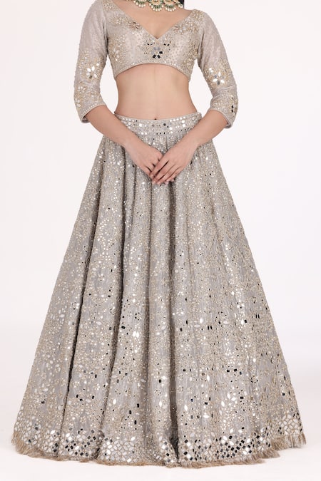 Abhinav Mishra_Silver Tissue Embellished Mirror Work Lehenga Set _Online_at_Aza_Fashions