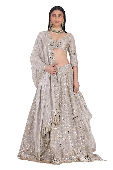 Buy_Abhinav Mishra_Silver Tissue Embellished Mirror Work Lehenga Set _Online_at_Aza_Fashions