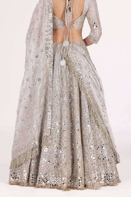Abhinav Mishra_Silver Tissue Embellished Mirror Work Lehenga Set _at_Aza_Fashions
