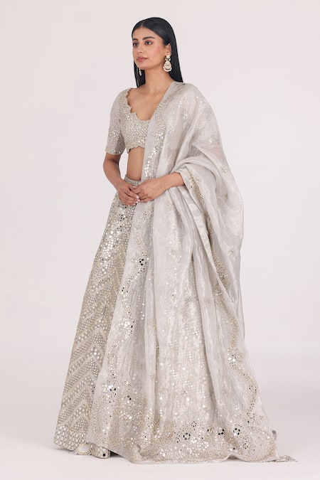 Abhinav Mishra Silver Tissue Embellished Mirror Linear Chevron Pattern Bridal Lehenga Set 