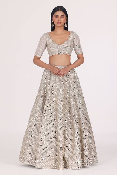 Abhinav Mishra_Silver Tissue Mirrors, Zari Collared Linear Chevron Pattern Bridal Lehenga Set _Online_at_Aza_Fashions