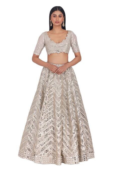 Buy Abhinav Mishra Silver Tissue Mirrors, Zari Collared Linear Chevron Pattern Bridal Lehenga Set Online at Aza Fashions Buy_Abhinav Mishra_Silver Tissue Mirrors, Zari Collared Linear Chevron Pattern Bridal Lehenga Set _Online_at_Aza_Fashions