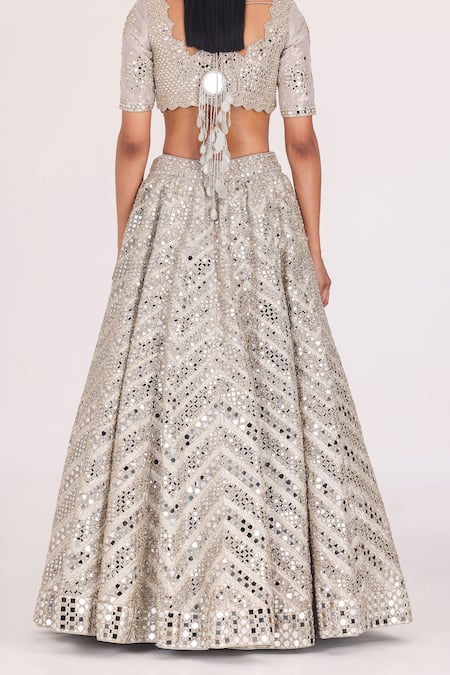 Shop_Abhinav Mishra_Silver Tissue Mirrors, Zari Collared Linear Chevron Pattern Bridal Lehenga Set _Online_at_Aza_Fashions