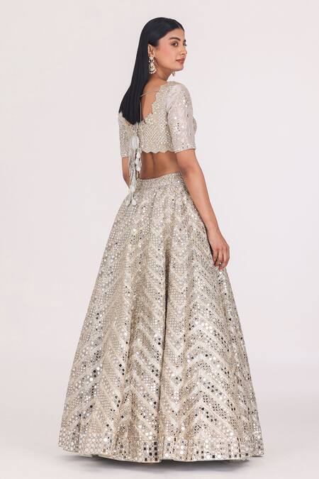 Abhinav Mishra_Silver Tissue Mirrors, Zari Collared Linear Chevron Pattern Bridal Lehenga Set _at_Aza_Fashions