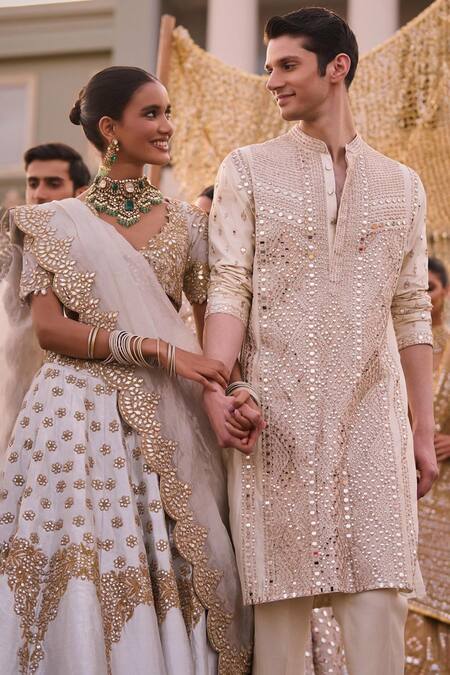 Abhinav Mishra_Silver Net, Tissue, Brocade Zari, Mirrors, Floral Embellished Bridal Lehenga Set _Online_at_Aza_Fashions