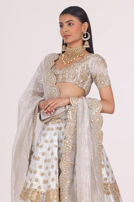 Buy_Abhinav Mishra_Silver Net, Tissue, Brocade Zari, Mirrors, Floral Embellished Bridal Lehenga Set _Online_at_Aza_Fashions